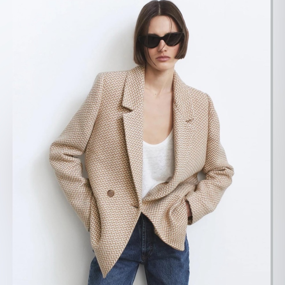 ANINE BING Fishbone Blazer Jacket in Tan & Cream size L